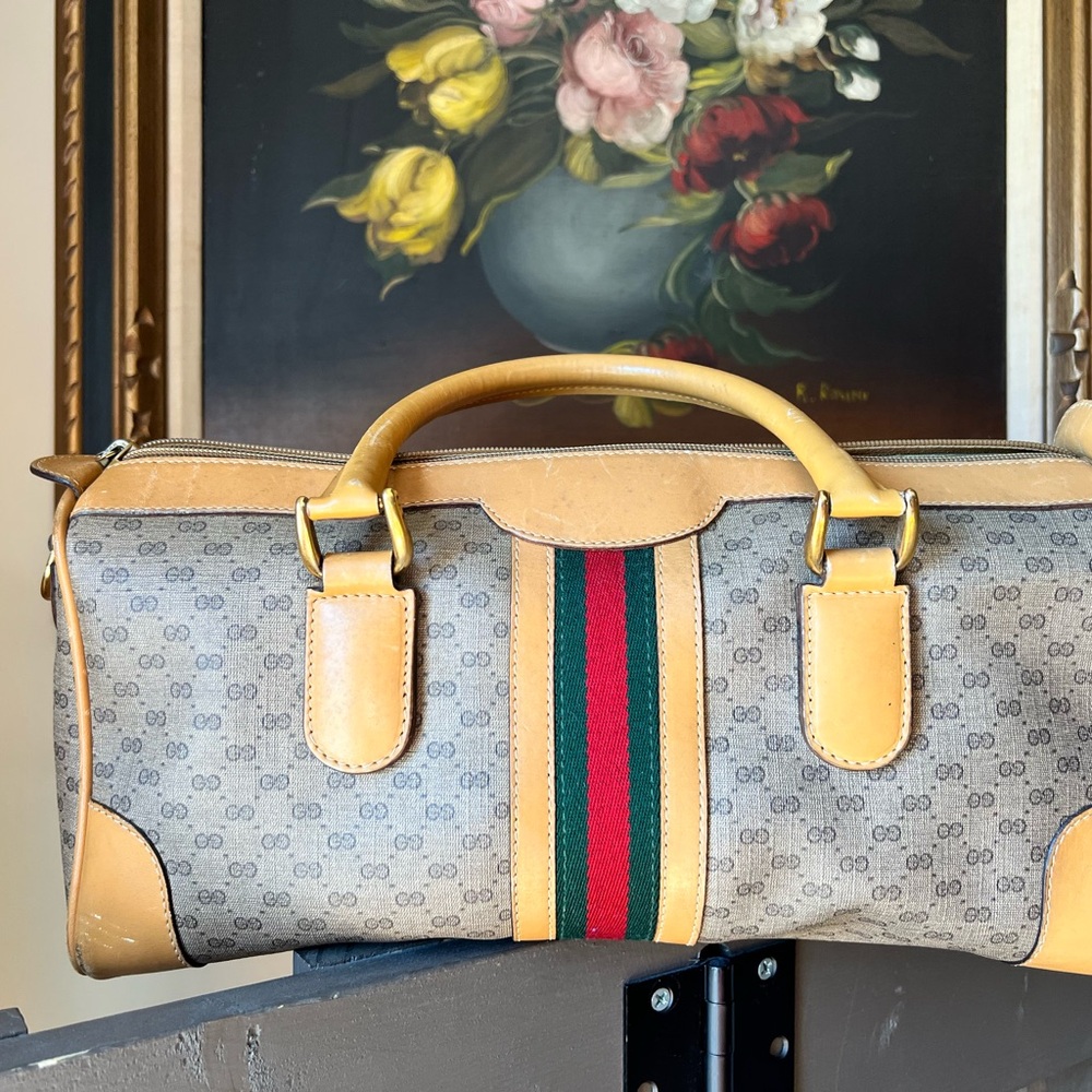 Gucci Classic Sherry Line Beige and Brown Boston Bag with Green and Red Stripe